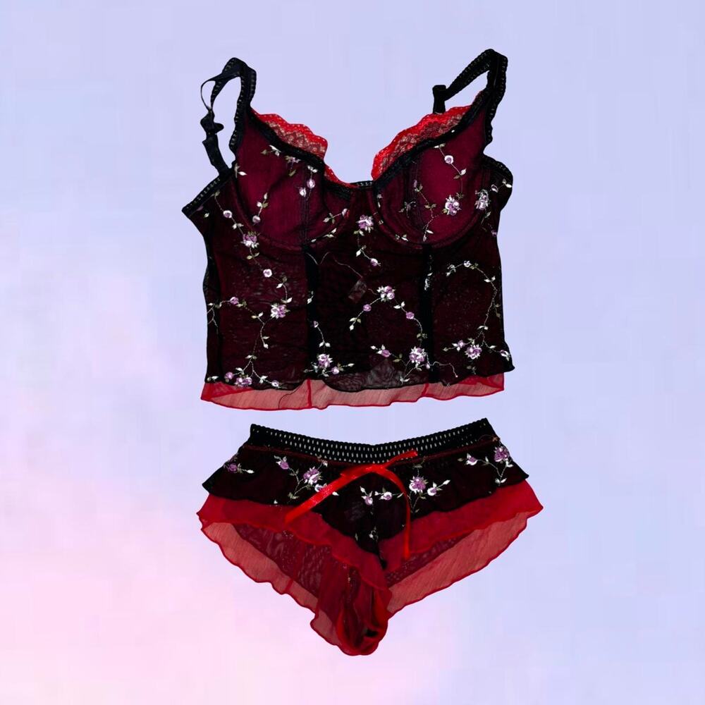 Vintage 90s y2k mesh floral lingerie set